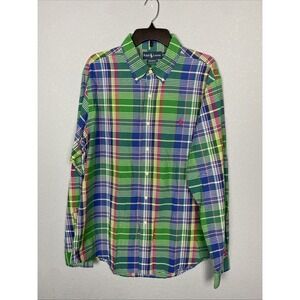 Ralph Lauren Mens XL Classic Fit  Plaid‎ Cotton Shirt Colorful Green Blue Pony